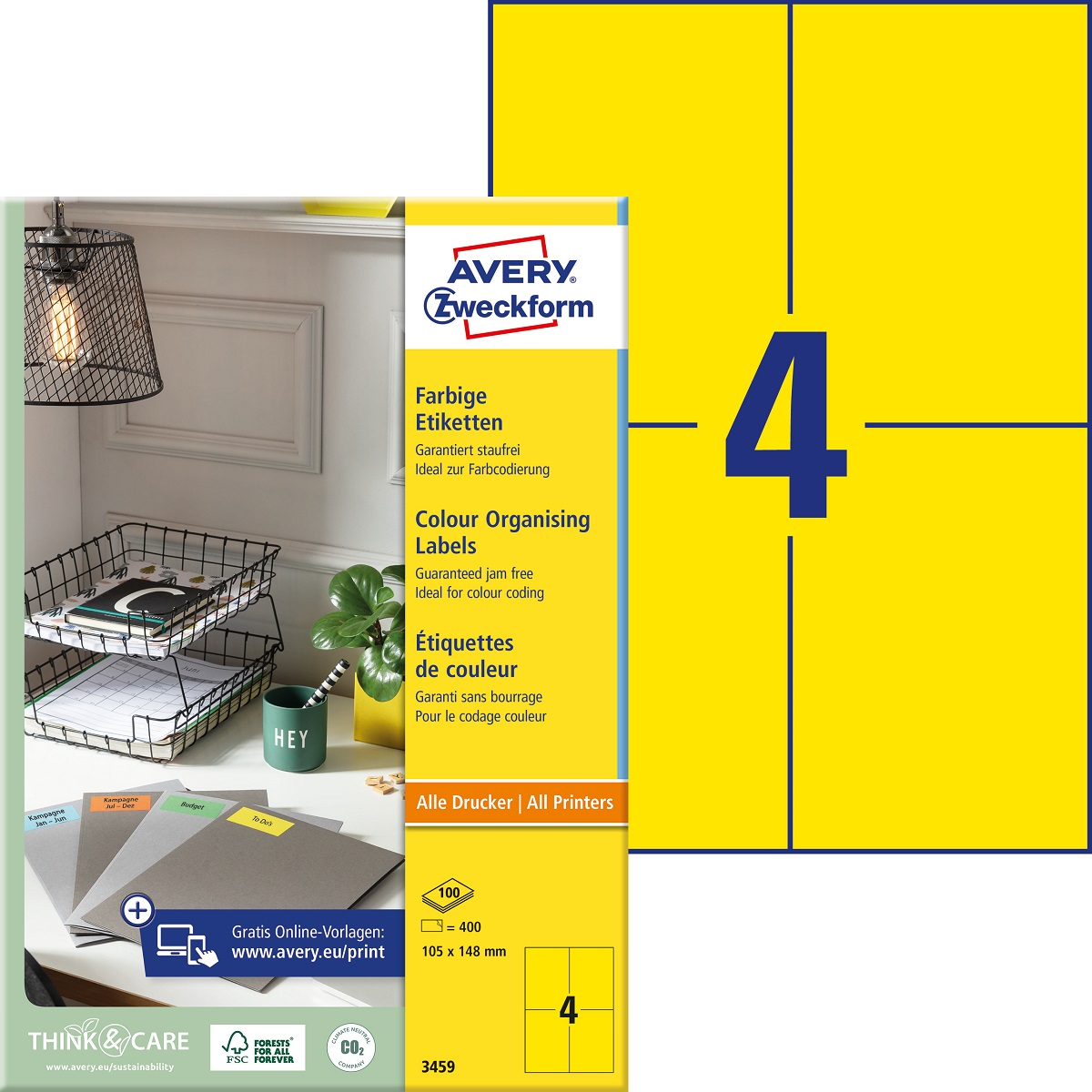 Kleebisetikett AVERY Zweckform 105x148mm 100 lehte kollane (3459) - Pilt 1