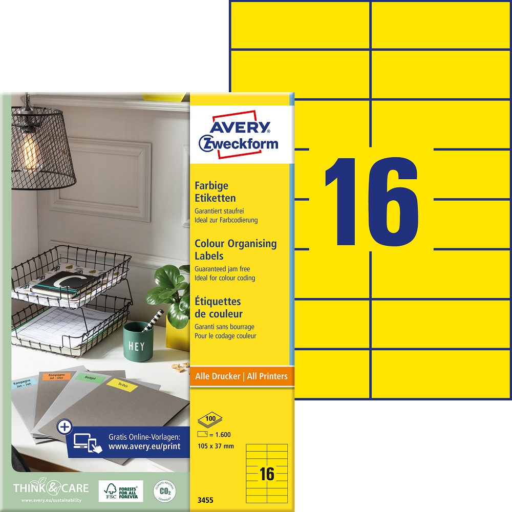 Kleebisetikett AVERY Zweckform 105x37mm 100 lehte kollane (3455) - Pilt 1