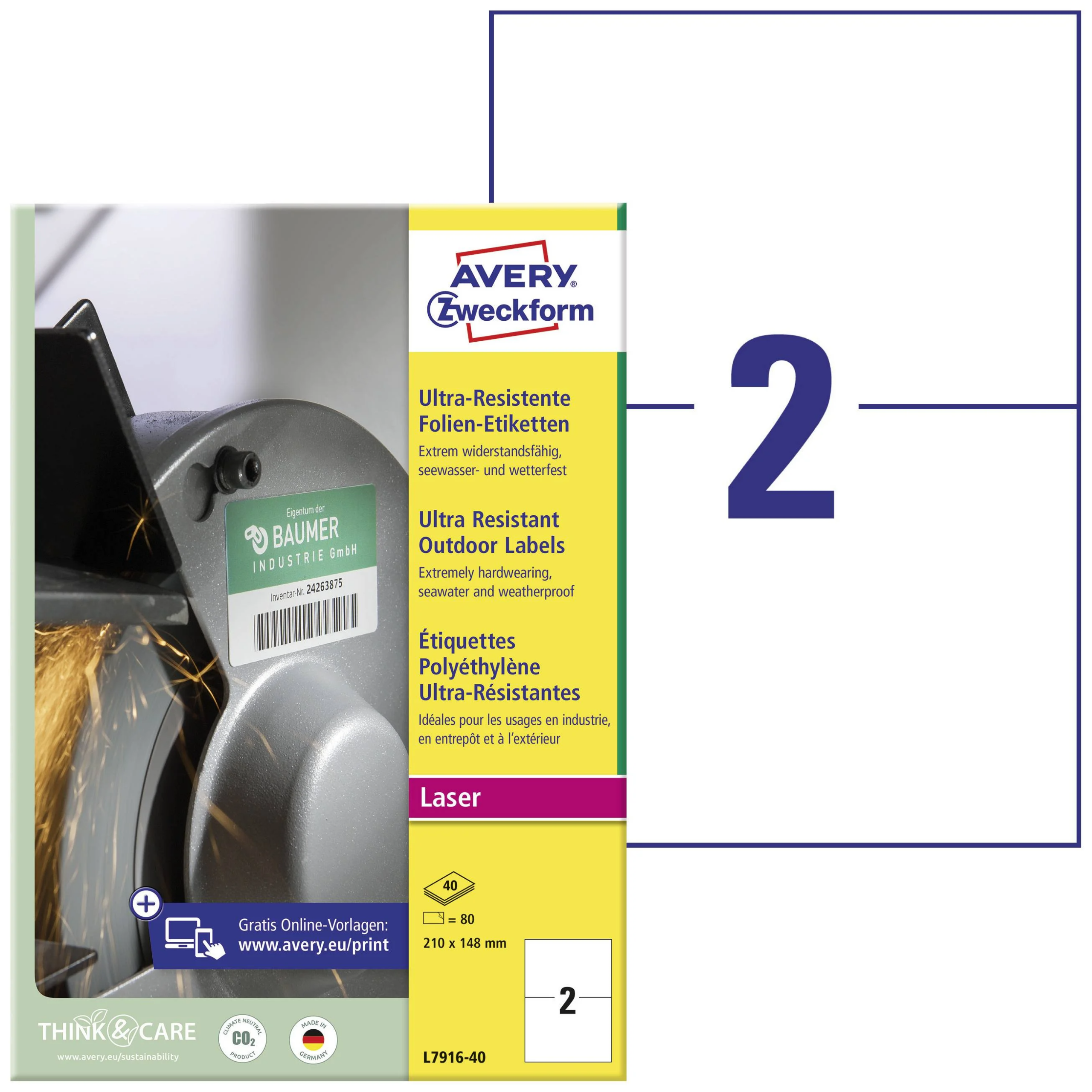 Kleebisetikett AVERY Zweckform 210x148mm 40 lehte PE kile ultra vastupidavad valge (L7916-40) - Pilt 1