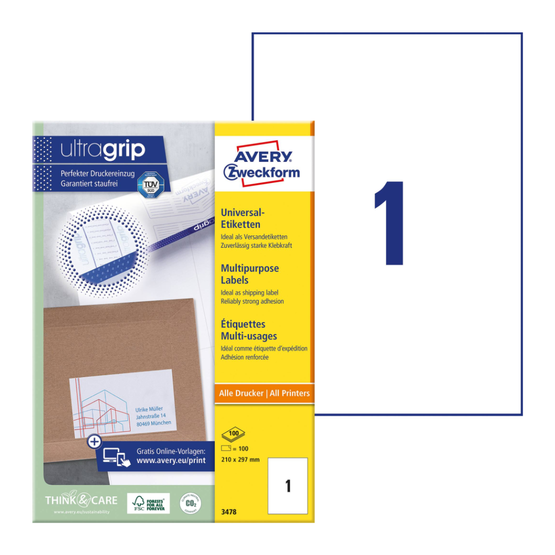 Kleebisetikett AVERY Zweckform 210x297mm 100 lehte (3478) - Pilt 1