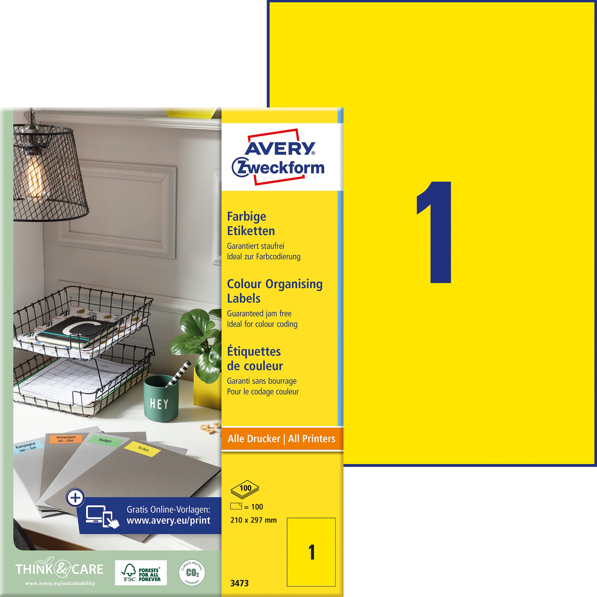 Kleebisetikett AVERY Zweckform 210x297mm 100 lehte kollane (3473) - Pilt 1