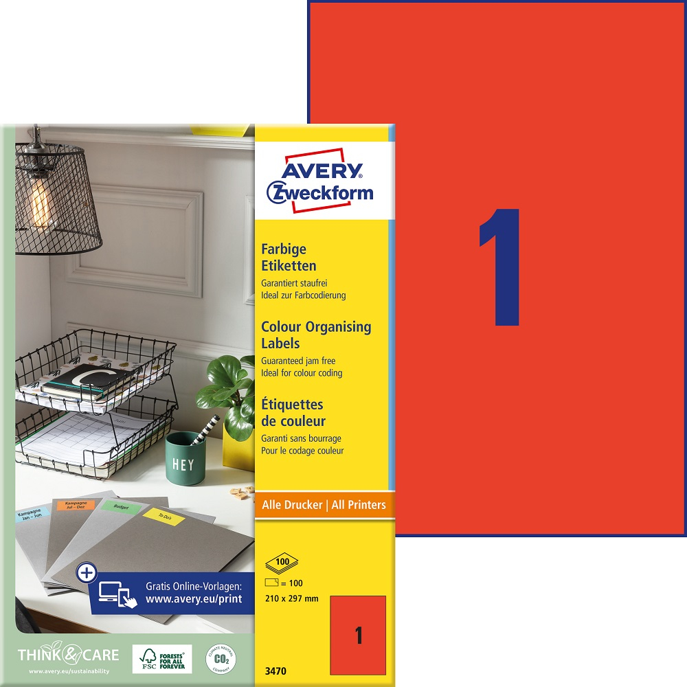 Kleebisetikett AVERY Zweckform 210x297mm 100 lehte punane (3470) - Pilt 1