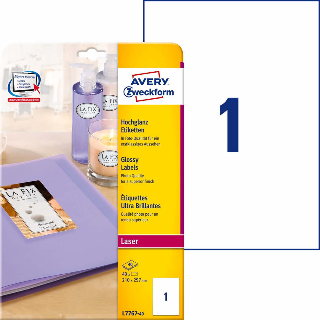Kleebisetikett AVERY Zweckform 210x297mm 40 lehte läikivad (L7767-40) - Image 1