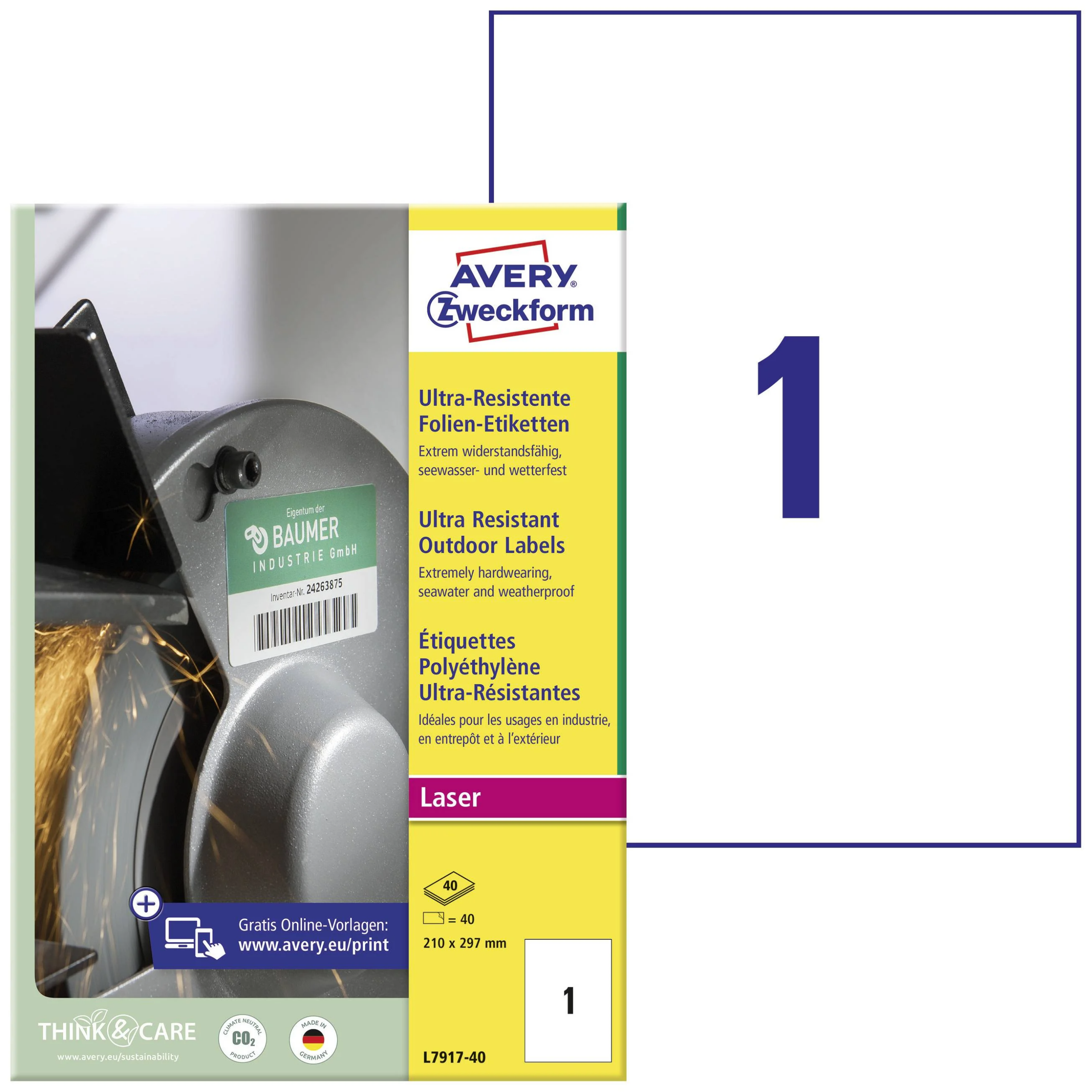 Kleebisetikett AVERY Zweckform 210x297mm temp- ja veekindel 40 lehte valge (L7917-40) - Image 1