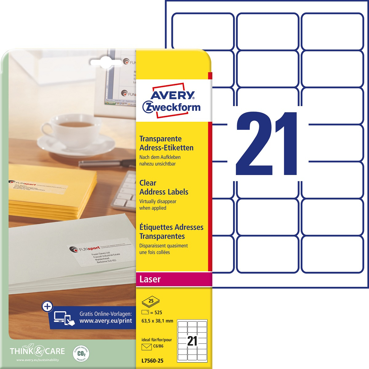 Kleebisetikett AVERY Zweckform 63,5x38,1mm läbipaistev polüesterkile 25 lehte (L7560-25) - Pilt 1