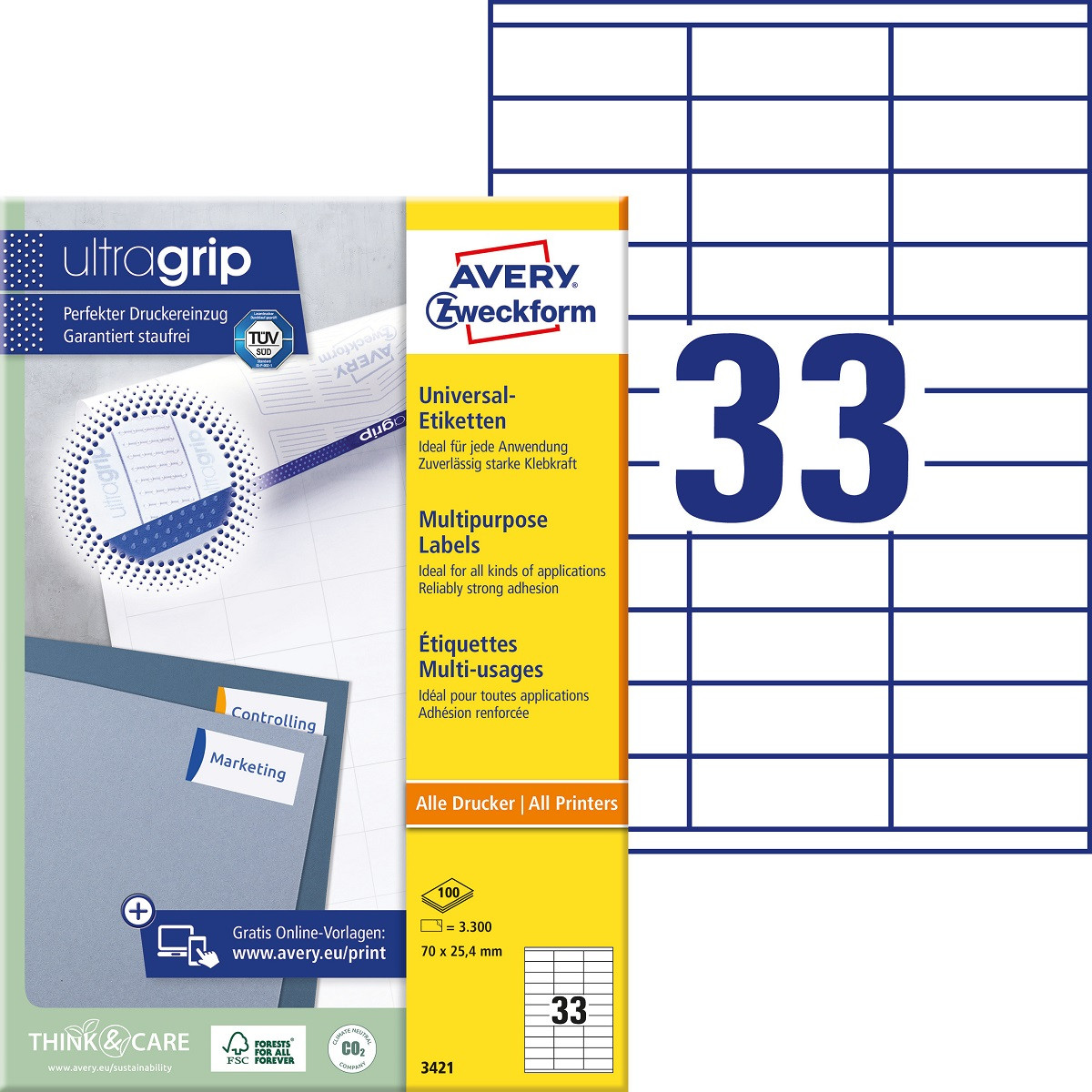 Kleebisetikett AVERY Zweckform 70x25,4mm 33 lehel 100 lehte (3421) - Pilt 1