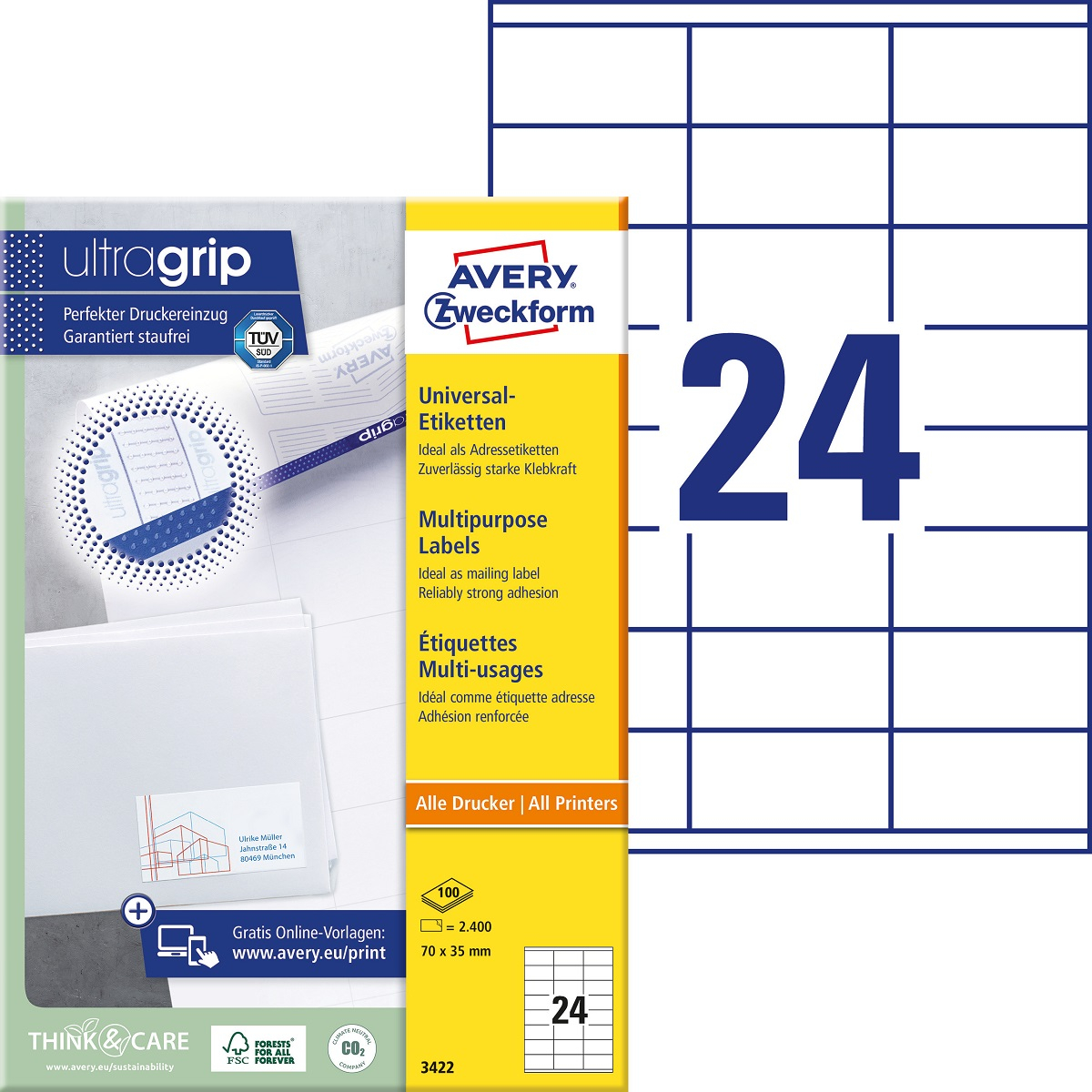 Kleebisetikett AVERY Zweckform 70x35mm 24 lehel 100 lehte (3422) - Pilt 1
