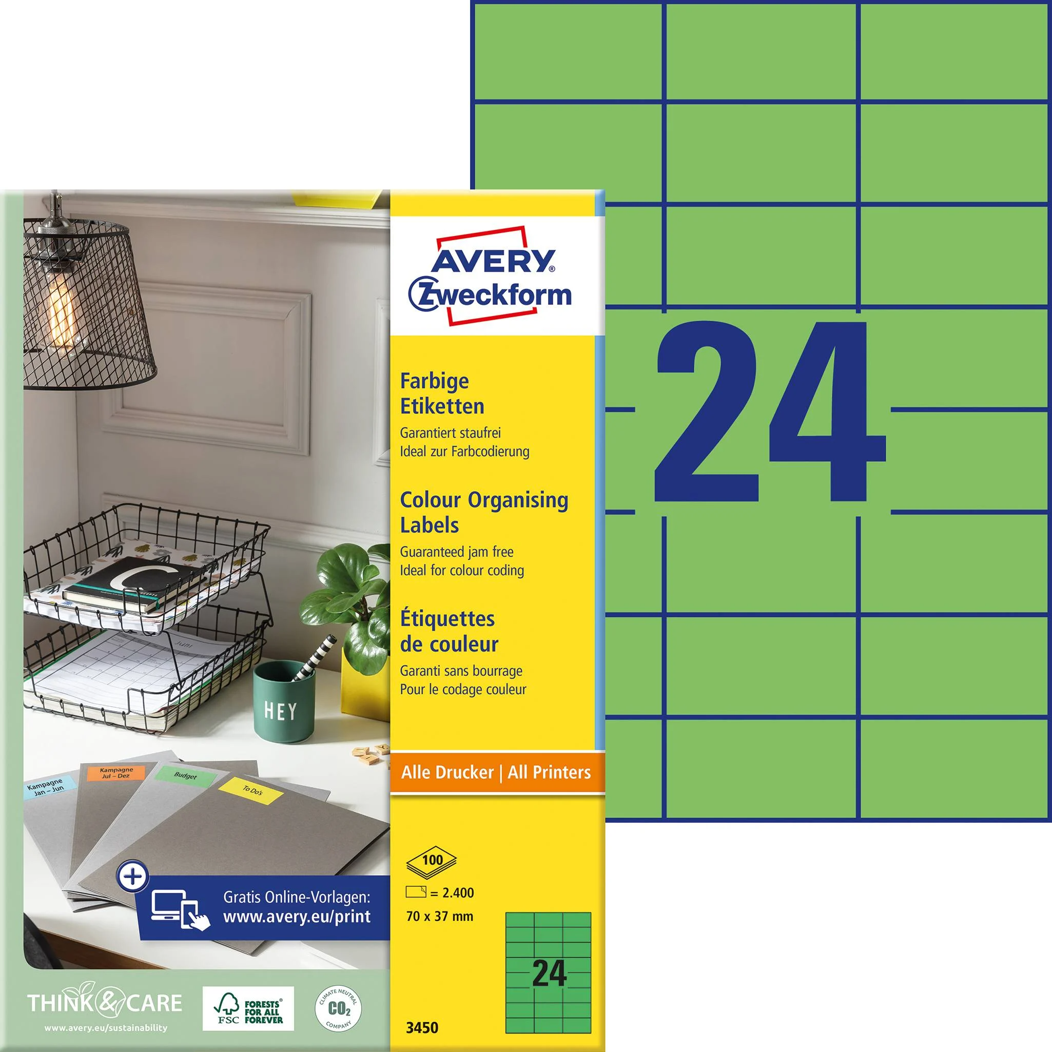 Kleebisetikett AVERY Zweckform 70x37 mm 100 lehte roheline (3450) - Pilt 1