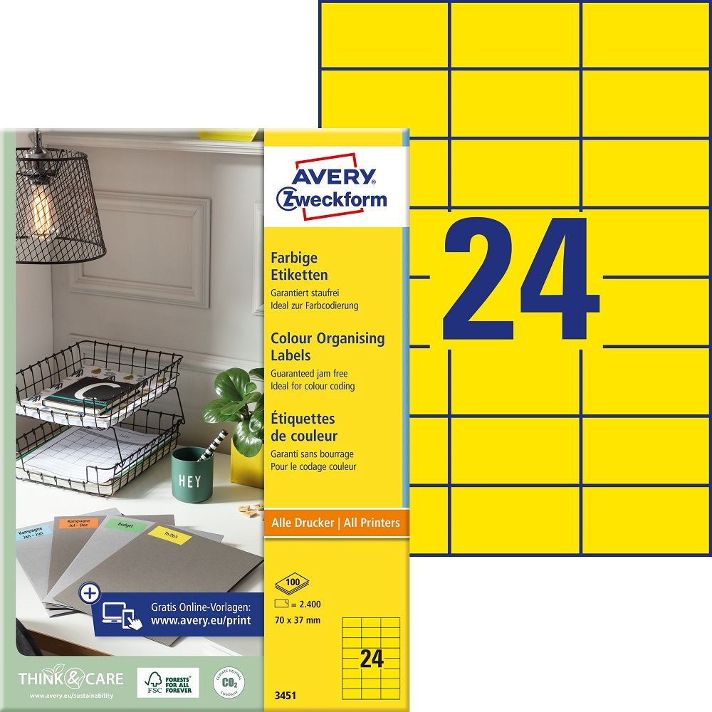 Kleebisetikett AVERY Zweckform 70x37mm 100 lehte kollane (3451) - Pilt 1