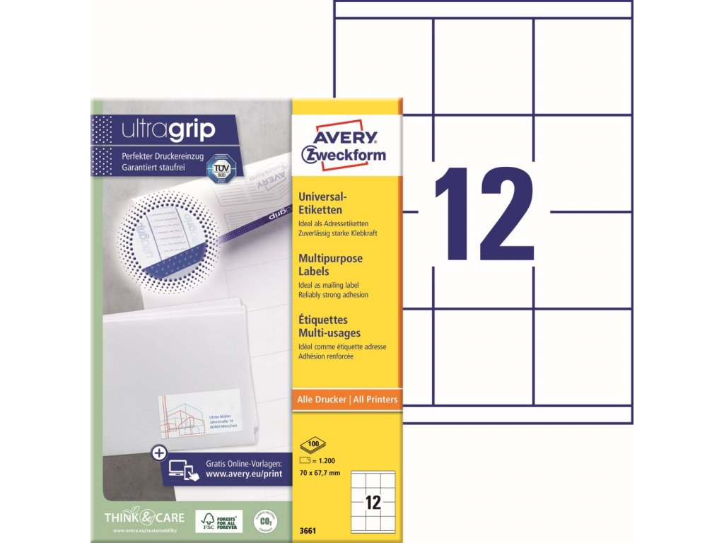 Kleebisetikett AVERY Zweckform 70x67,7mm 12 lehel 100 lehte (3661) - Pilt 1