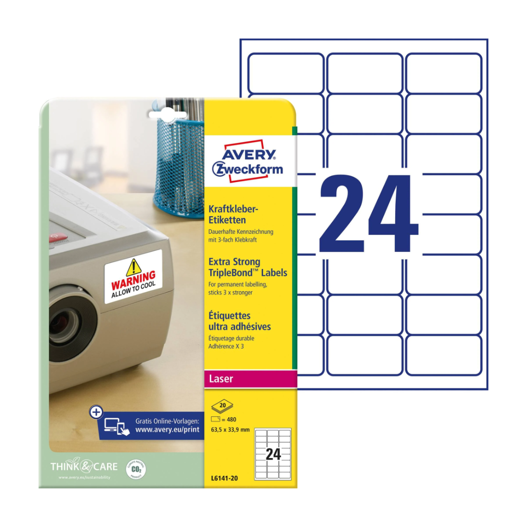 Kleebisetikett AVERY Zweckform Extra Strong 63,5x33,9mm 20 lehte (L6141-20) - Pilt 1