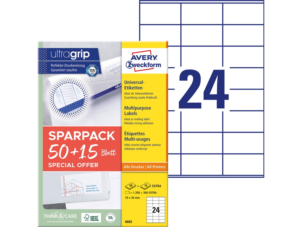 Kleebisetikett AVERY Zweckform Ultragrip 70x36mm 50+15 lehte (6602) - Pilt 1
