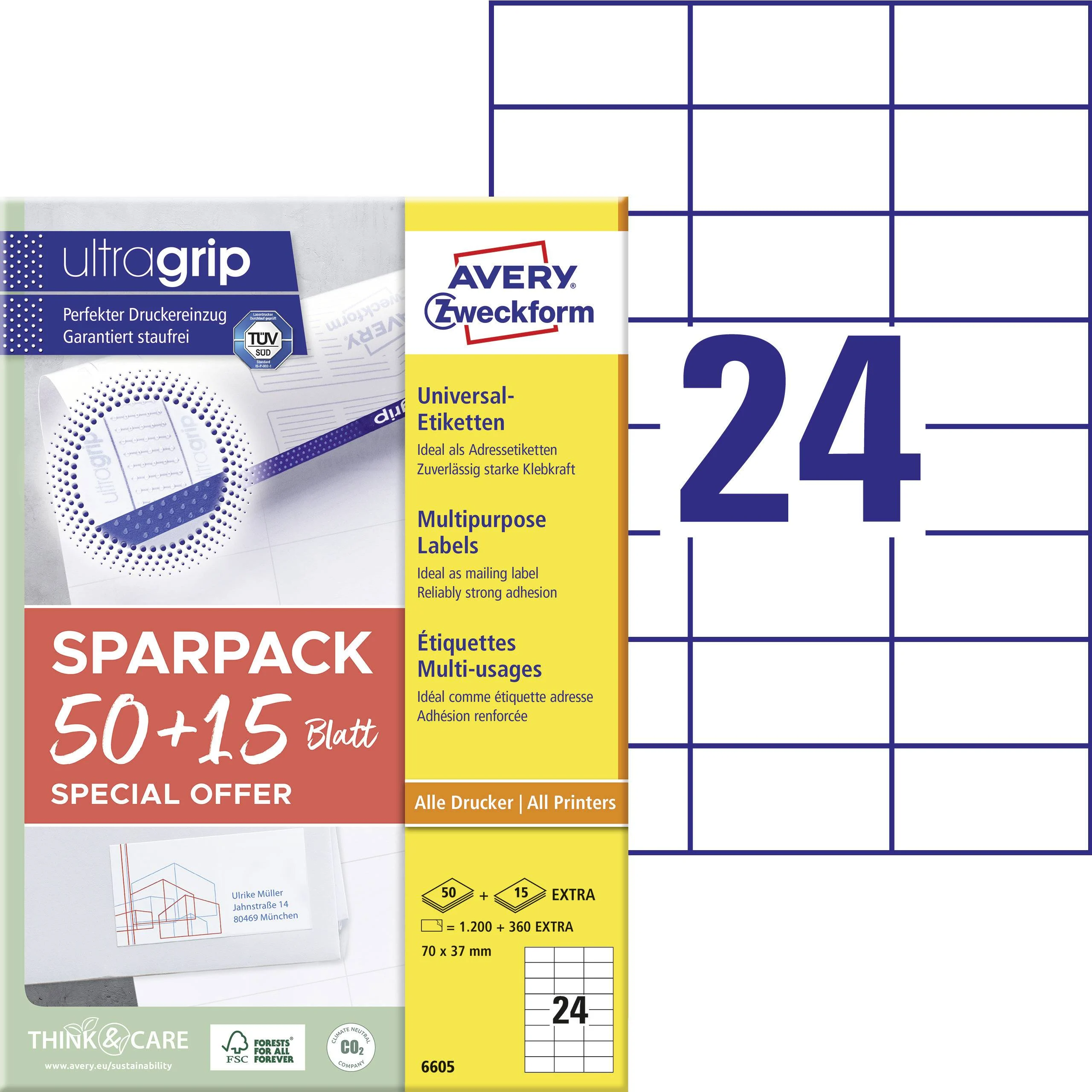 Kleebisetikett AVERY Zweckform Ultragrip 70x37mm 50+15 lehte (6605) - Pilt 1
