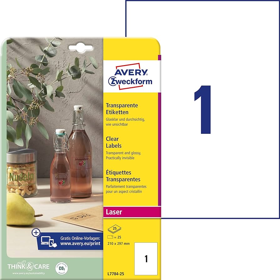 Kleebisetikett läbipaistvast polüesterkilest AVERY Zweckform 210x297mm 25 lehte (L7784-25) - Pilt 1