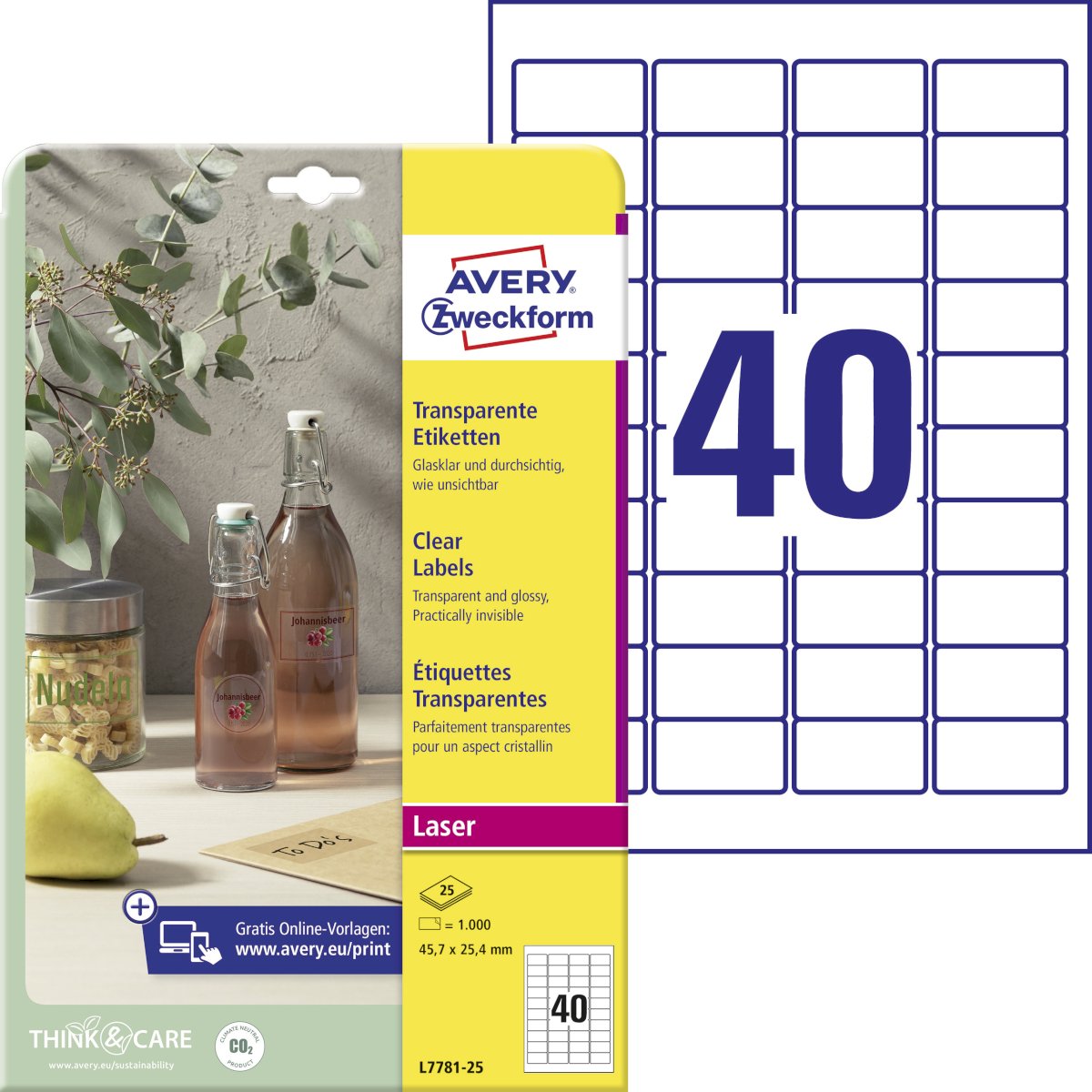 Kleebisetikett läbipaistvast polüesterkilest AVERY Zweckform 45,7x25,4mm 25 lehte (L7781-25) - Pilt 1