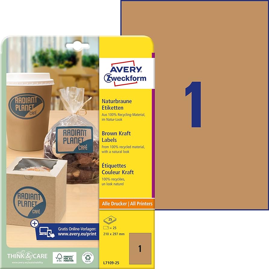 Kleebisetikett ökoloogiline AVERY Zweckform 210x297mm 25 lehte pruun (L7109-25) - Pilt 1