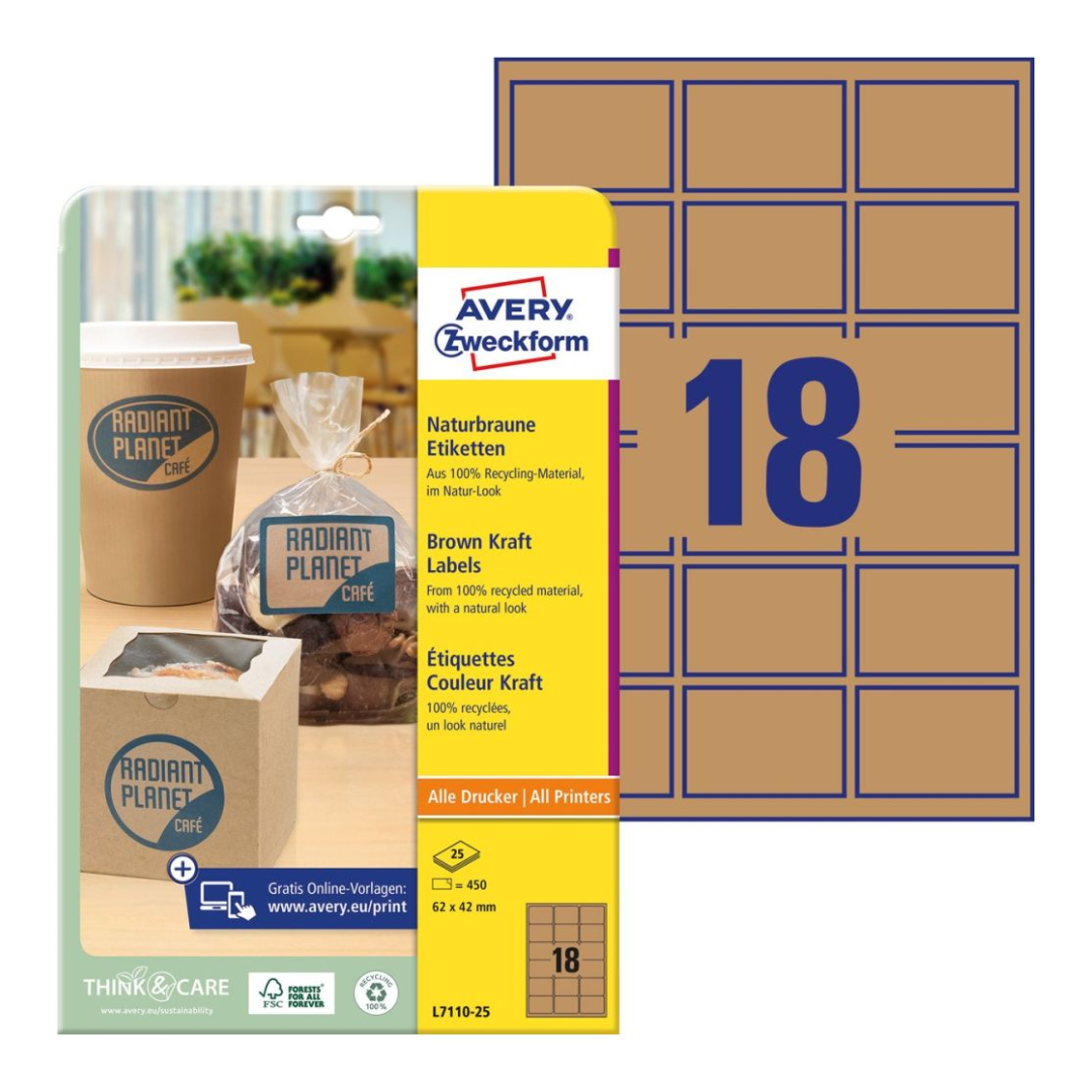 Kleebisetikett ökoloogiline AVERY Zweckform 62x42mm 25 lehte pruun (L7110-25) - Image 1