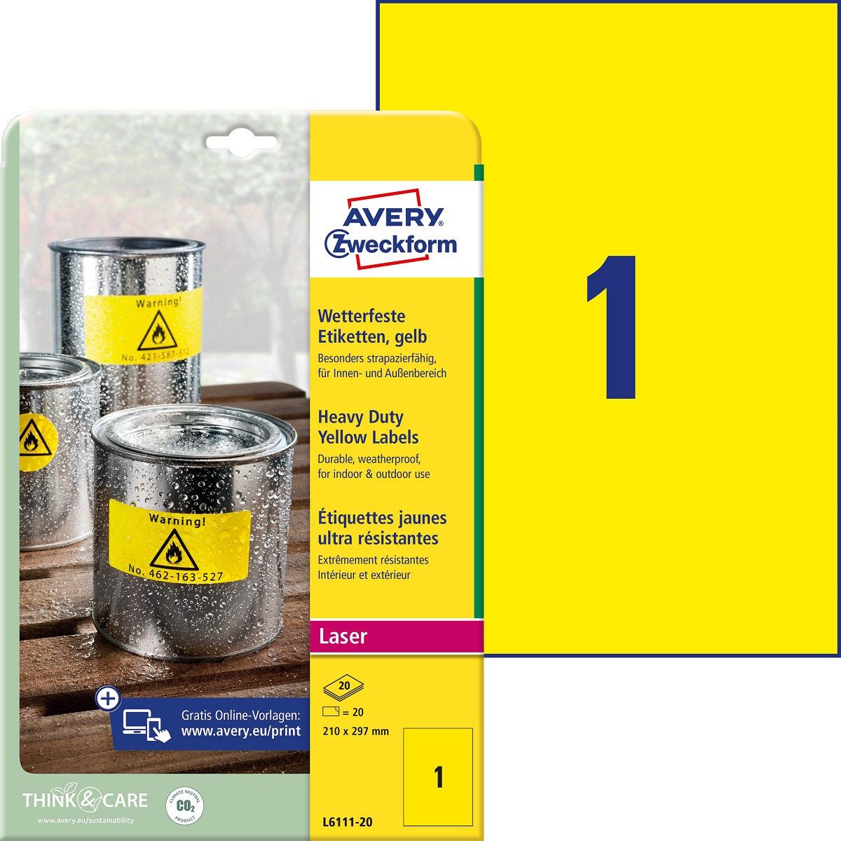Kleebisetikett polüesterkilest ilmastikukindel AVERY Zweckform 210x297mm 20 lehte pakis kollane (L6111-20) - Pilt 1