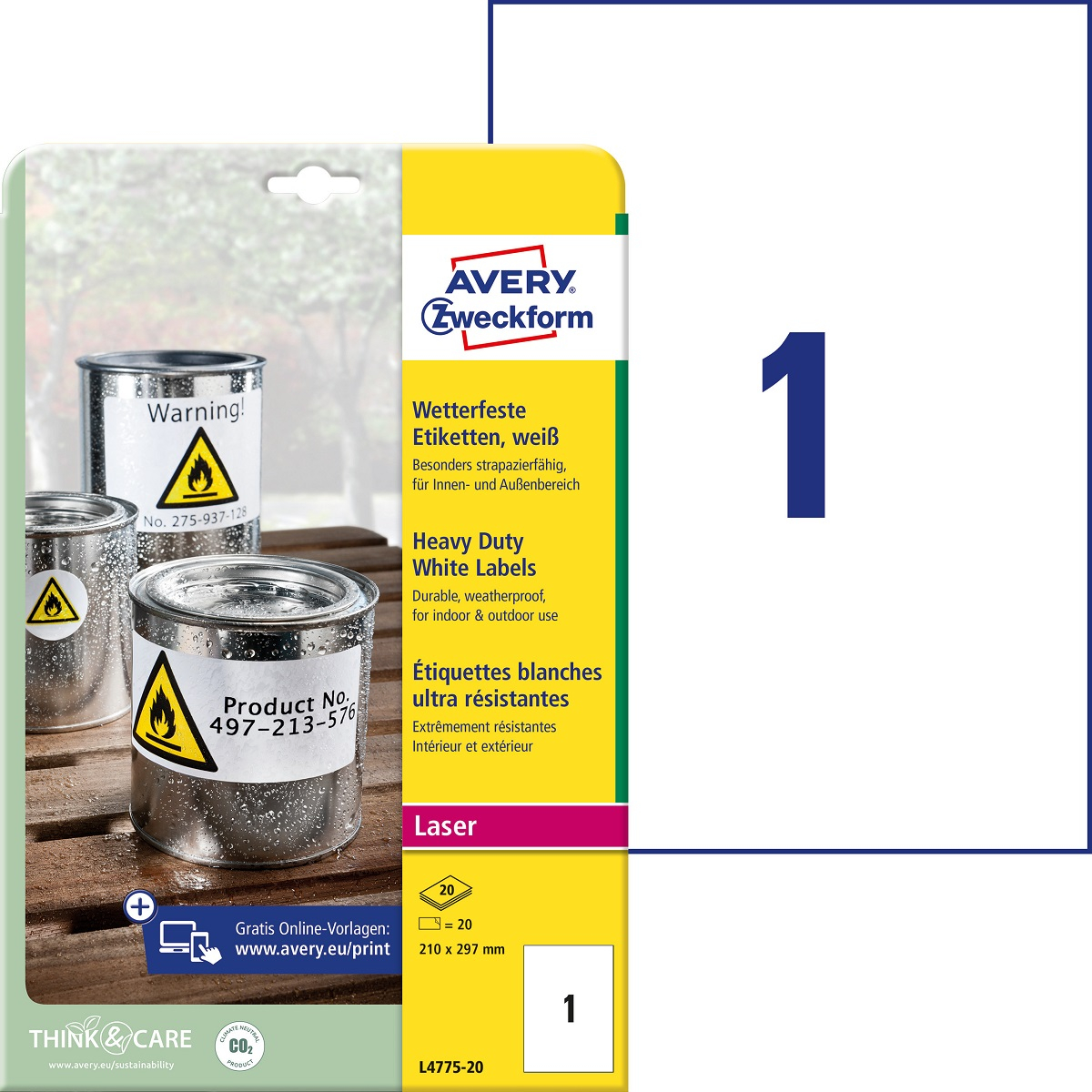 Kleebisetikett polüesterkilest ilmastikukindel AVERY Zweckform 210x297mm 20l permsnentse liimiga (L4775-20) - Pilt 1