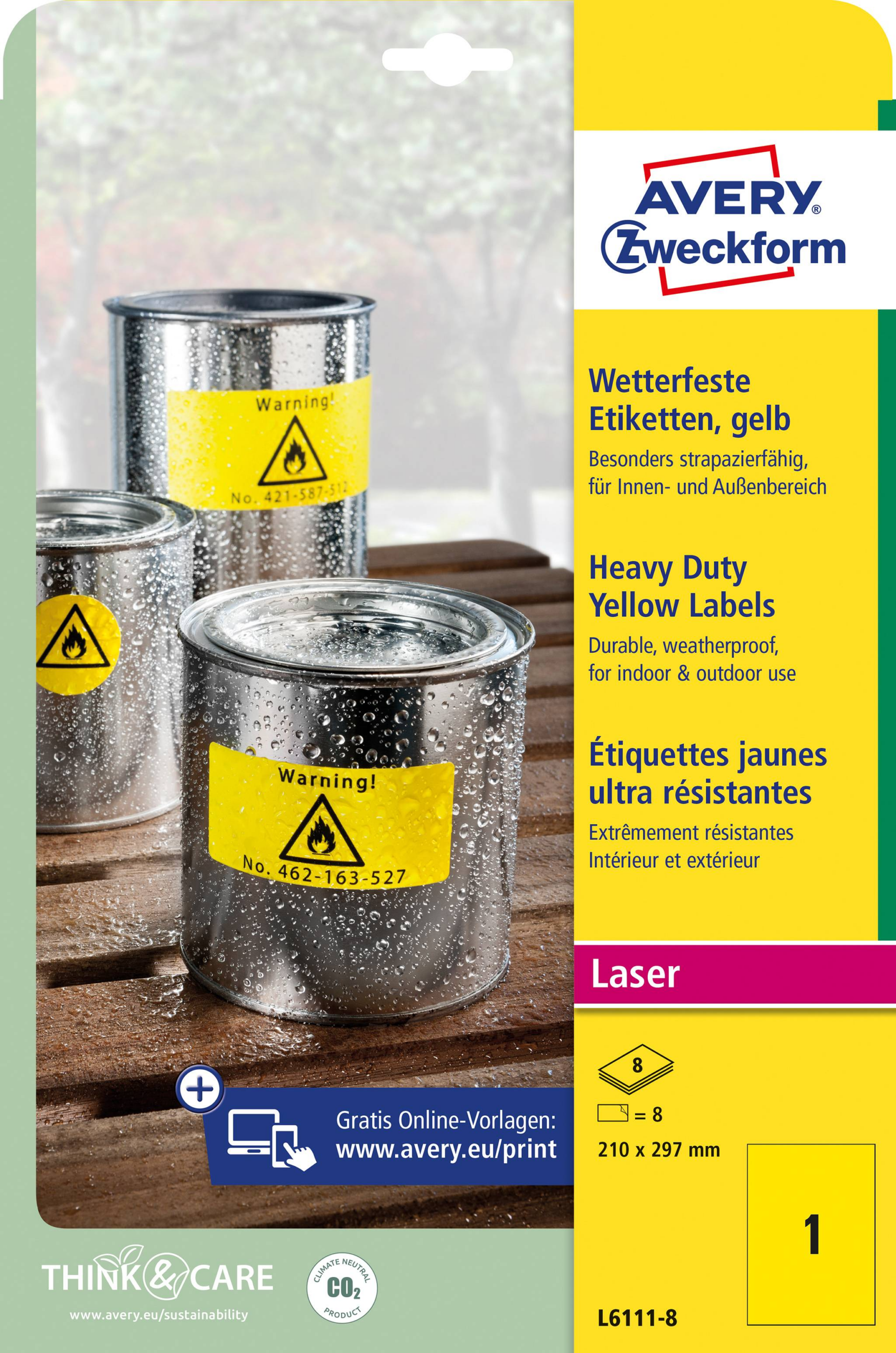 Kleebisetikett polüesterkilest ilmastikukindel AVERY Zweckform 210x297mm 8 lehte kollane (L6111-8) - Image 1