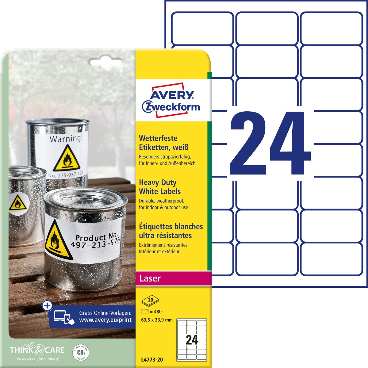 Kleebisetikett polüesterkilest ilmastikukindel AVERY Zweckform 63,5x33,9mm 20 l permanentse liimiga  (L4773-20) - Image 1