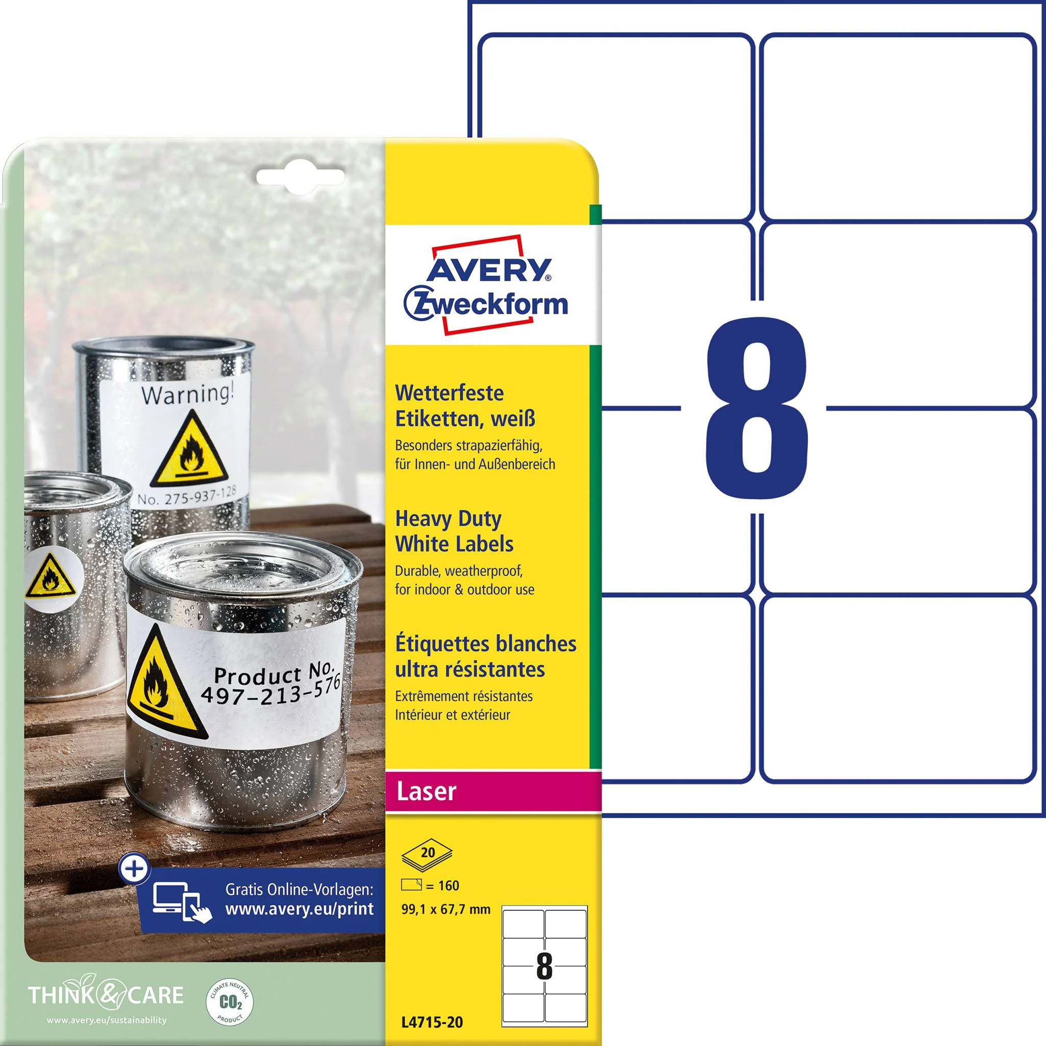 Kleebisetikett polüesterkilest ilmastikukindel AVERY Zweckform 99,1 x 67,7mm 20l permanentse liimiga (L4715-20) - Pilt 1
