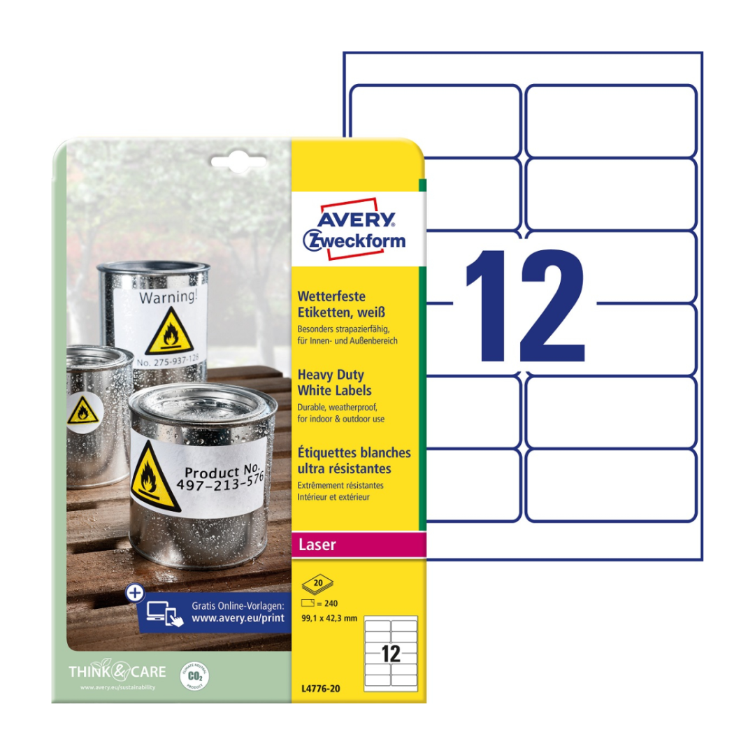 Kleebisetikett polüesterkilest ilmastikukindel AVERY Zweckform 99,1x42,3mm 20l permenentse liimiga (L4776-20) - Image 1