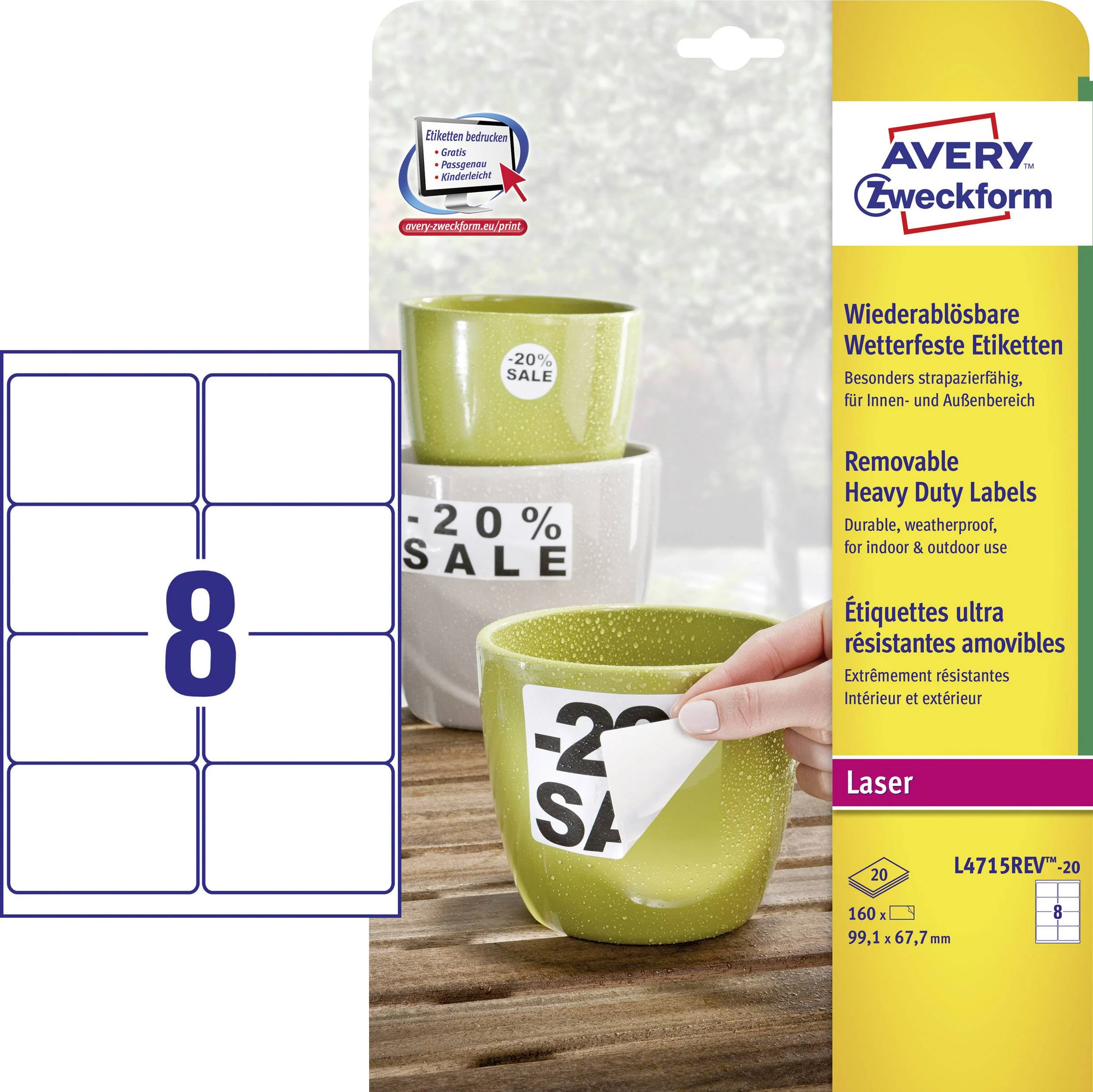 Kleebisetikett polüesterkilest ilmastikukindel AVERY Zweckform 99,1x67,7mm 20l pakis eemaldatava liimiga (L4715REV-20) - Pilt 1