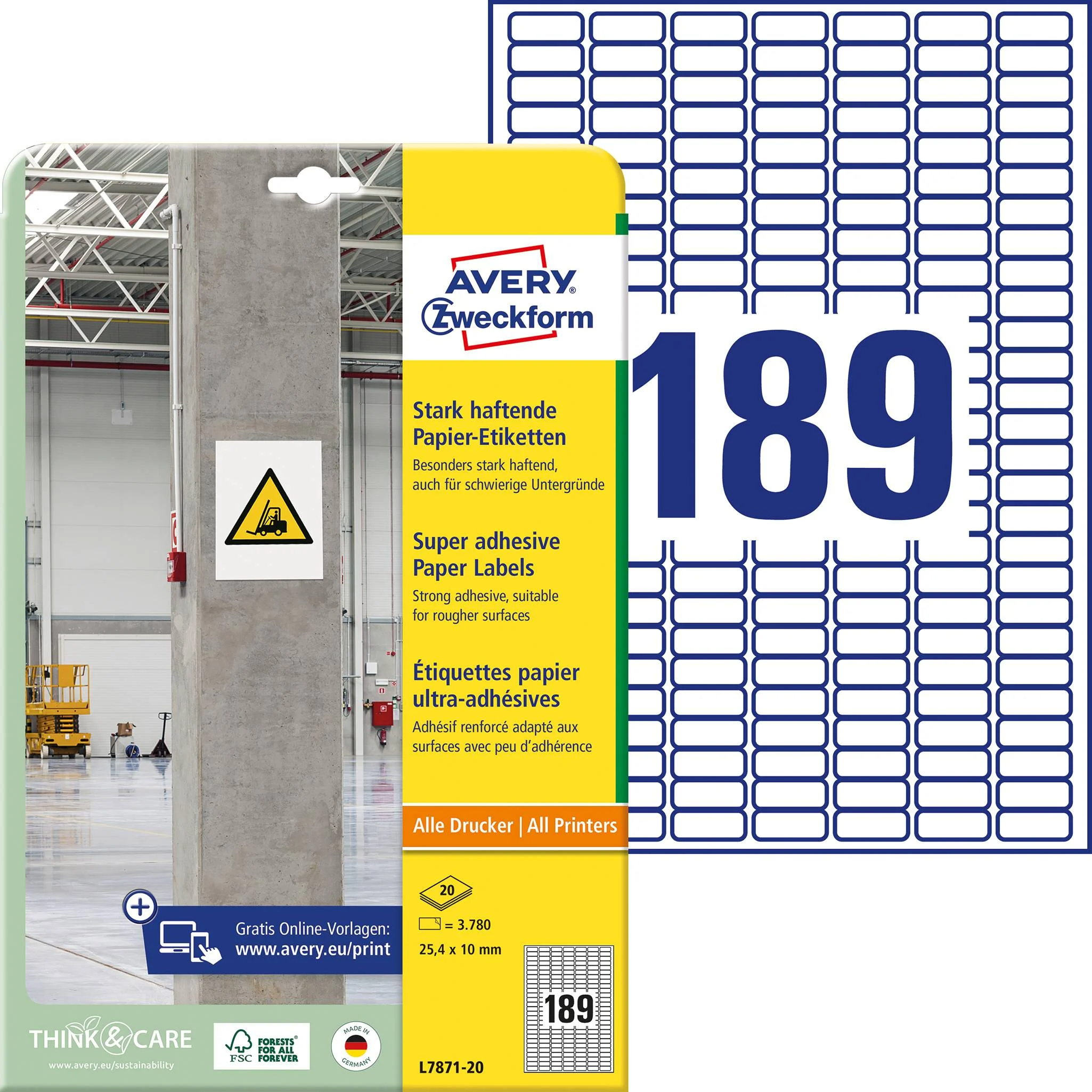 Kleebisetikett tööstuslik AVERY Zweckform 25,4x10mm 189 lehel 20 lehte pakis ekstra tugeva liimiga (L7871-20) - Pilt 1