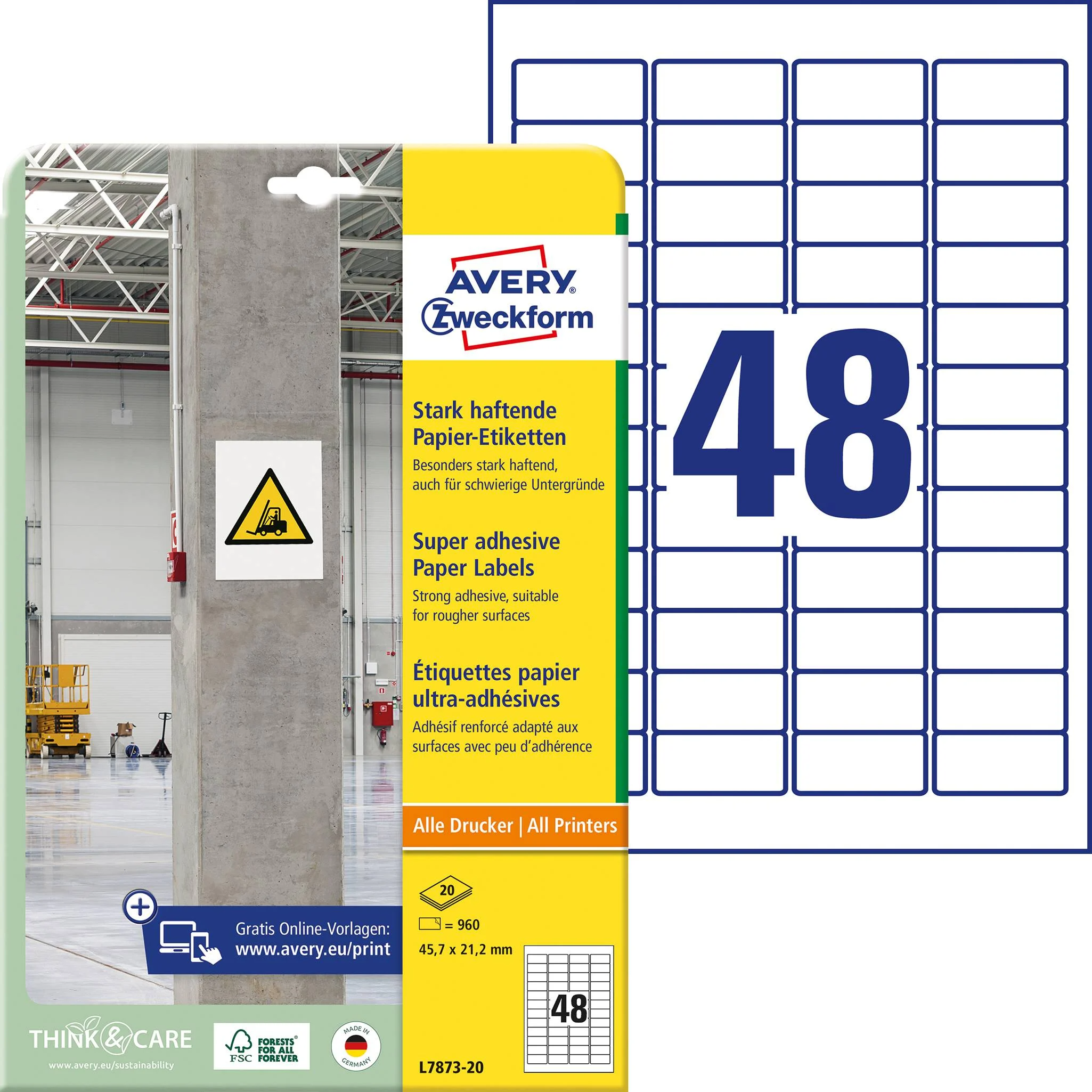 Kleebisetikett tööstuslik AVERY Zweckform 45,7x21,2mm 20 lehte pakis ekstra tugeva liimiga (L7873-20) - Pilt 1