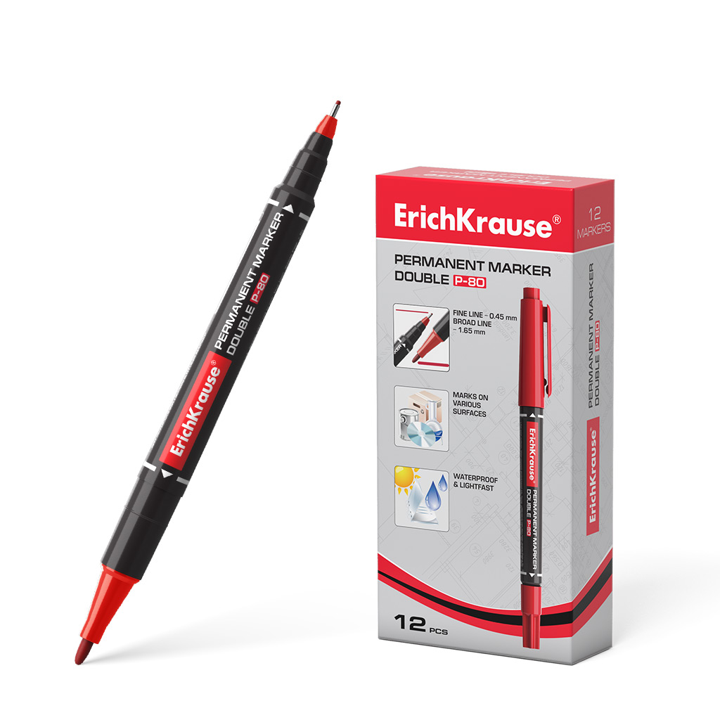 Permanentne marker ERICH KRAUSE P-80 kahe otsaga 0,5/2,0mm punane - Image 1