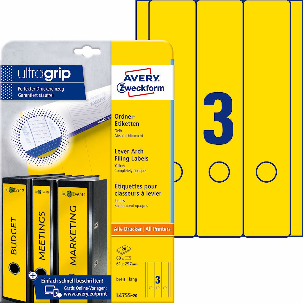 Seljaetikett registraatorile AVERY-Zweckform 61x297mm kollane 20tk - Pilt 1