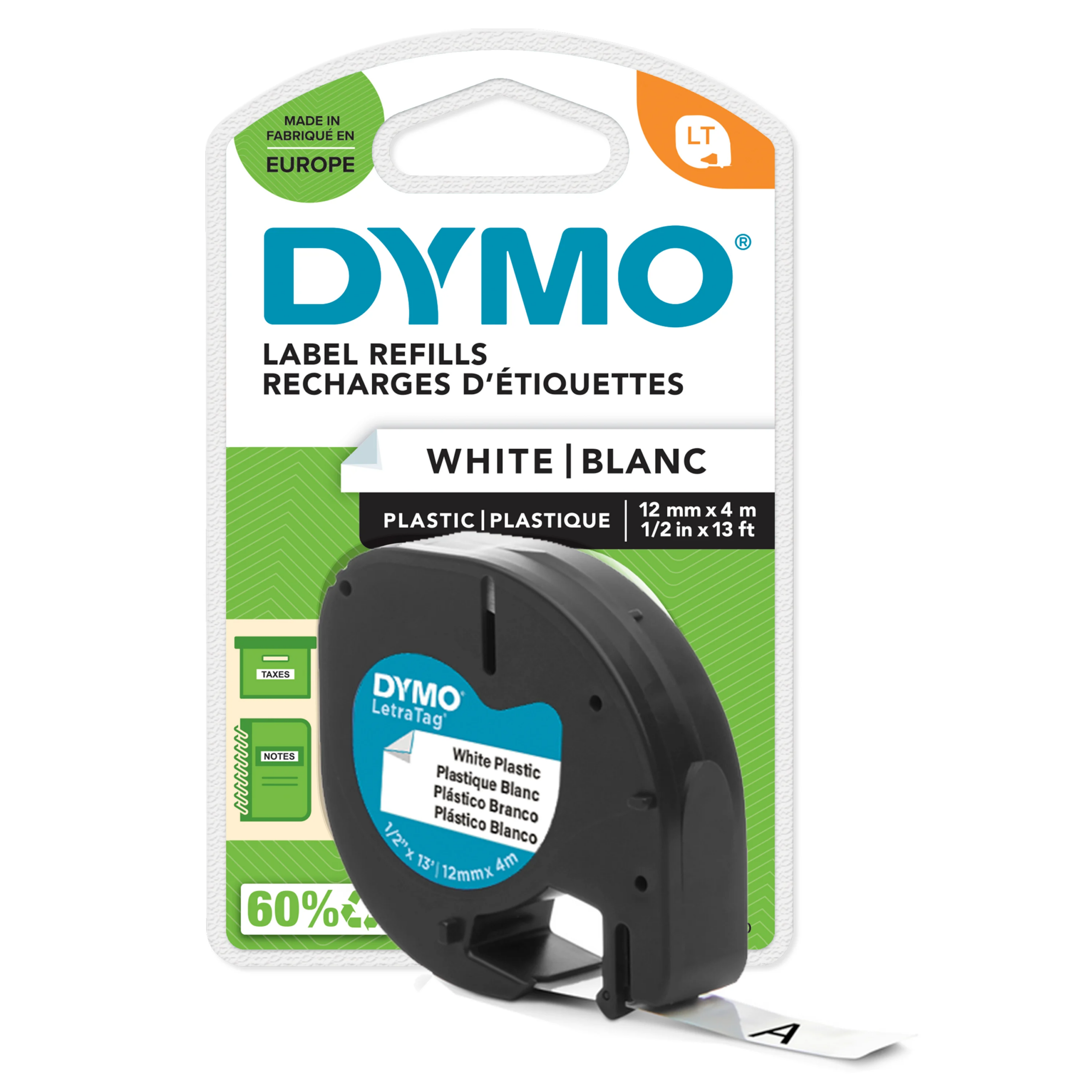 Kleepkirjalint/markeerimislint DYMO LetraTag 91221 12mm x 4m valge plast - Pilt 1